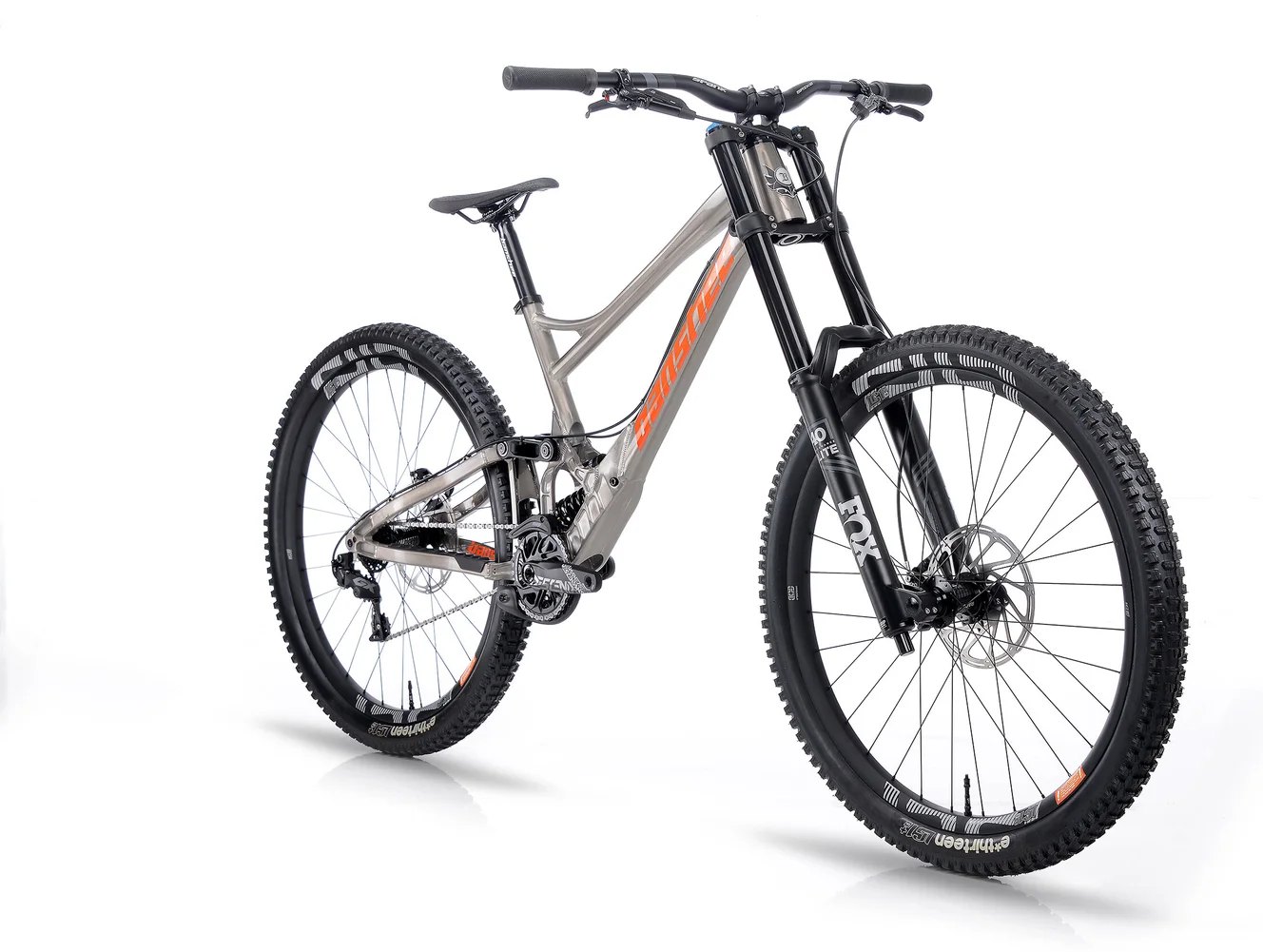 Banshee Legend downhill race bike, raw aluminum with orange decals